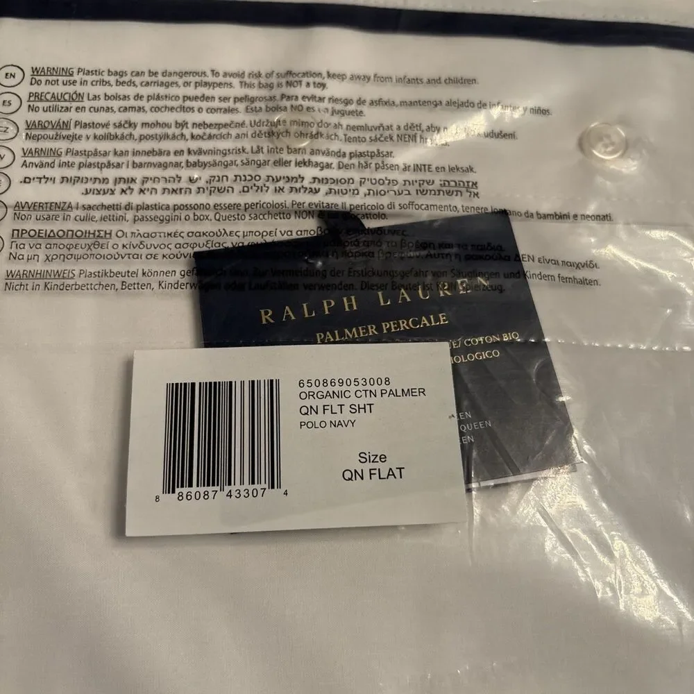 Ralph Lauren Organic Cotton Percale Palmer Queen Flat Sheet $175 White/Polo Navy